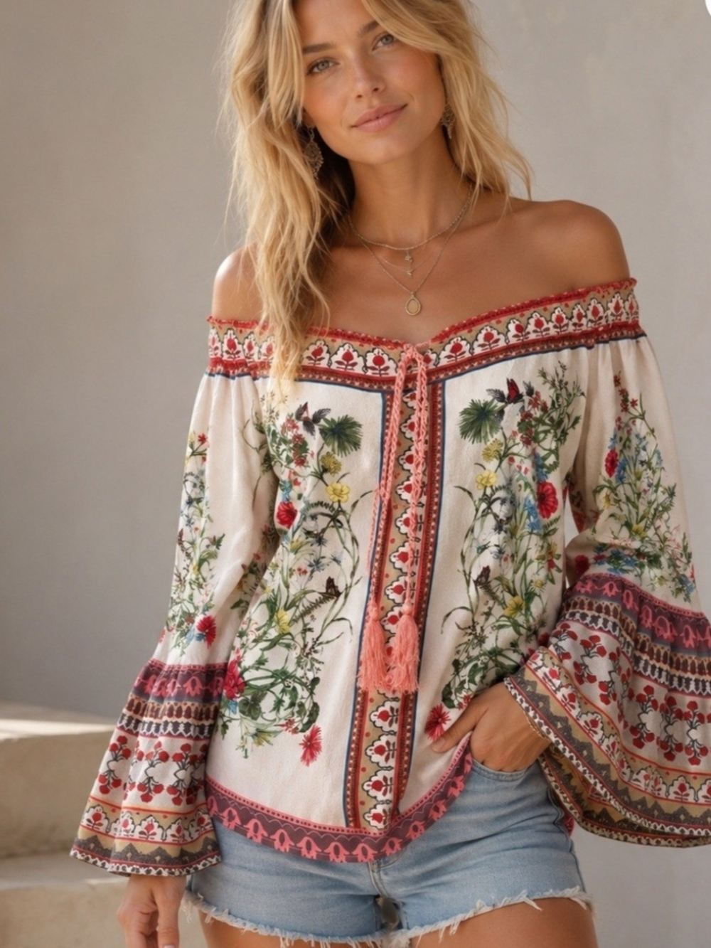 Umgee Boho Floral Print Bell Sleeve Off-Shoulder Tassel Top Sz S Boho